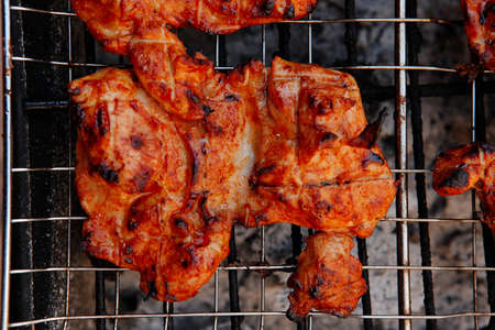 fresh chicken breast meat with vegetable kebab cooked on bbq grid の写真素材