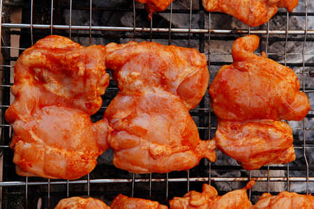 fresh chicken breast meat with vegetable kebab cooked on bbq gridの写真素材