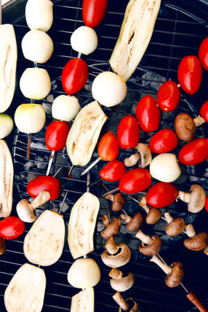 fresh raw tomatoes onion mushroom eggplant on skewers over charcoal on grid over brazier grillの写真素材