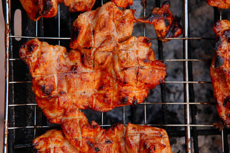 fresh chicken breast meat with vegetable kebab cooked on bbq gridの写真素材