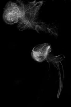 white textured smoke powder fluffy puffs explosion dust isolated on dark background as brushの写真素材