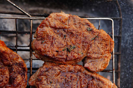 fresh beef meat fillet steak on barbecue grill grid cooked over burned charcoal readyの写真素材
