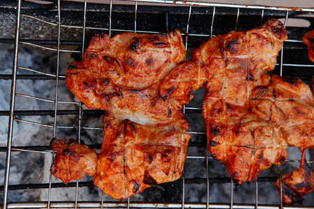 fresh chicken breast meat with vegetable kebab cooked on bbq gridの写真素材
