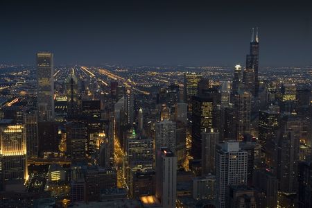 Downtown Chicago at night from up highの写真素材