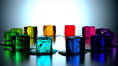 12 melting colored ice cubes in circleの写真素材