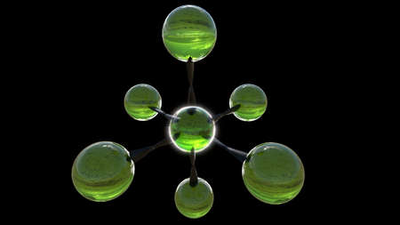 3D rendered green glass molecule on black background