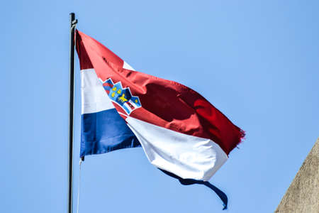 Windy Croatian Flag, City of Dubrovnik, Croatiaの写真素材