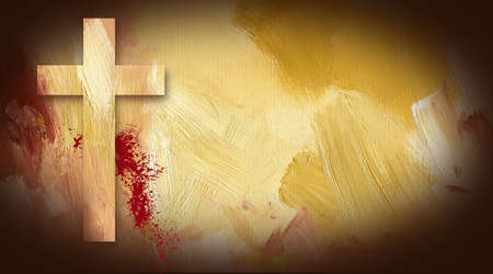 Photo composition graphic of Cross of Jesus on painted oil background with sacrificial blood の写真素材