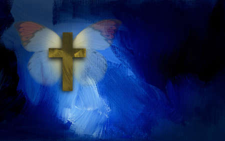 Abstract graphic illustration composed of Christian cross and butterfly on blue dramatic textured brush stroke backgroundの写真素材