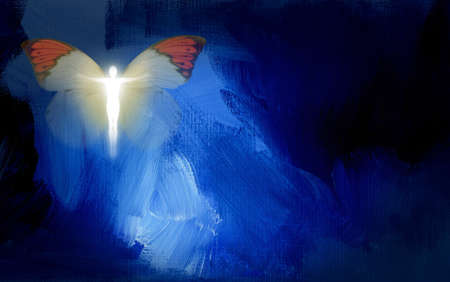 Abstract graphic composed of glowing silhouette of human figure in shape of Christian cross and butterfly on blue dramatic textured brush stroke backgroundの写真素材