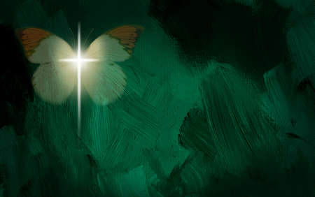 Abstract graphic composed of glowing Christian cross and butterfly on green dramatic textured brush stroke backgroundの写真素材