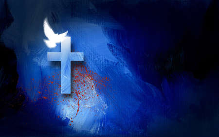 Conceptual graphic illustration of Christian cross with white dove and blood spatter, symbolizing the cost of Jesus Christ's sacrificial work of salvation. Artwork composed against abstract blue oil painted background with texture.の写真素材