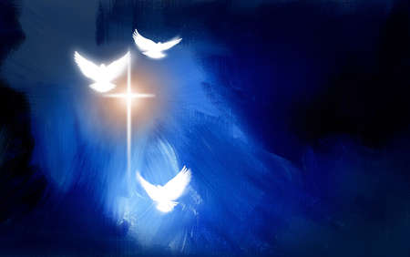 Conceptual graphic illustration of glowing Christian cross with three white doves, symbolizing Jesus Christ's sacrificial work of salvation. Artwork composed against abstract blue oil painted background with texture.の写真素材