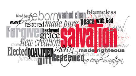 Graphic typographic montage illustration of the Christian concept of Salvation composed of associated words and defining words. A smatter of red blood conveys the cost of the Biblical forgiveness of sins. An inspirational, uplifting contemporary design.の写真素材