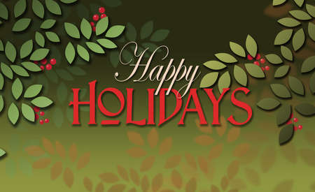 Graphic illustration of the seasonal sentiment of Happy Holidays composed against simple leaf and berry background. A simple, uplifting contemporary design for possible use on Christmas greeting card.の写真素材