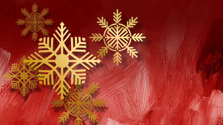 Graphic composition of golden holiday snowflake ornaments a red paint brushstroke textured background for possible use as greeting card or banner.の写真素材
