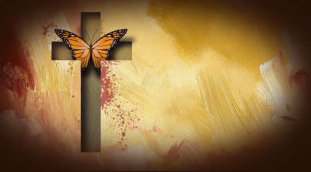 Graphic composition of the cross of Jesus setting free a beautiful butterfly. Art suitable for...