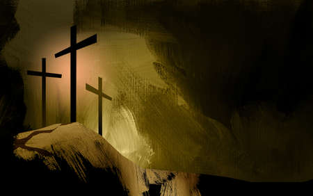 Graphic illustration of the Christian crosses at Calvary where Jesus Christ was crucified as a sacrifice for our sins. Digital rendition of the scene of the basis of Biblical Gospel in golden tones. Doves representative of the spiritual nature and presence of Godの写真素材