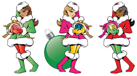 Collection of three isolated sketch illustrations of pretty Santa helpers bearing gifts with ribbons.の写真素材