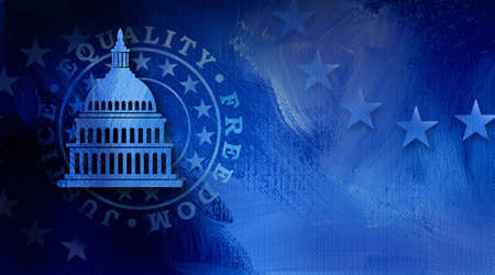 Graphic illustration of American Capitol building icon against mock seal of Equality, freedom and justice on abstract oil paint background.の写真素材