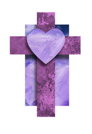 Graphic composition of the Christian cross of Jesus Christ's crucifixion with iconic heart shape. Conceptual art suitable for Easter or other religious themed applications and backgrounds.の写真素材