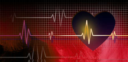Graphic design of a medical EKG heartbeat against a red abstract brushstroke textured background and grid. Use in health and heart related themes and presentationsの写真素材
