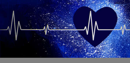 Graphic design of a medical EKG heartbeat against an abstract paint spatter or splatter background....