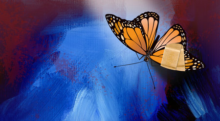 Graphic design of iconic monarch butterfly with bandaged injured wing against abstract brush stroke...