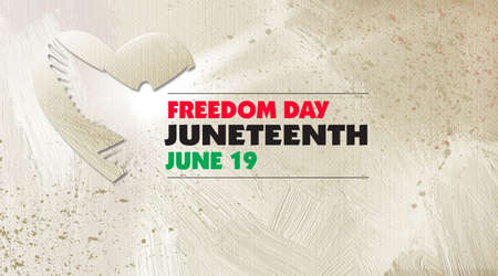 Graphic design with image of a caring heart and soaring dove against abstract paint brush strokes and splatters. Art used for Afro American end of slavery, emancipation, freedom and civil war themes.の写真素材