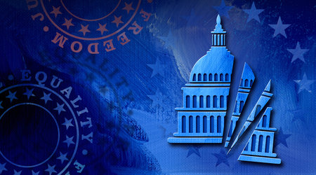 Conceptual illustration of Capitol Dome broken into sliced sections falling apart. A nation struggles to hold together during difficult times. For political and social themes.の写真素材