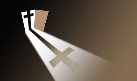 Conceptual graphic of iconic silhouette of the crucifixion cross of Jesus at an open door and bright light spilling through. For themes of Easter, forgiveness, and redemption.の写真素材