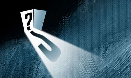 Conceptual graphic of iconic question mark at open door with bright light spilling in against...