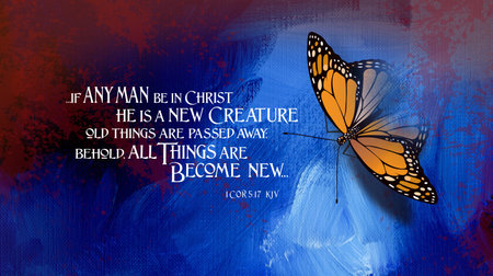 Graphic design of Bible verse and iconic butterfly against paint strokes and abstract splatters...
