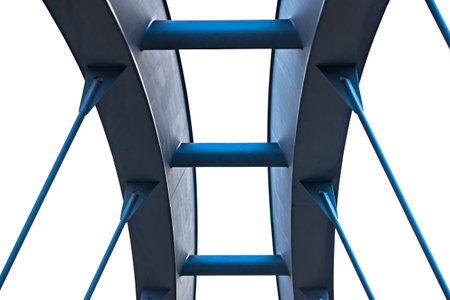 Blue metal bridge isolated on a white background. View from below.の写真素材
