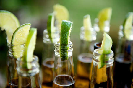 Close up image of multiple beer bottles with limes insertedの写真素材