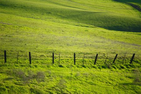 Hillside and barbed fenceの写真素材