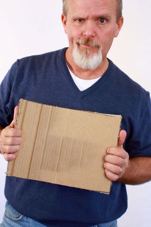 Man with square blank piece of cardboardの写真素材