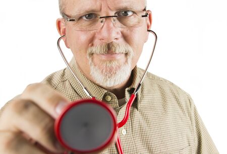 Doctor Wearing Glasses and  Holding Red Stethoscope upの写真素材
