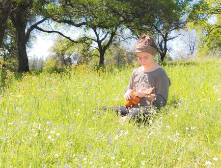 Cute Young Girl With Ukulele in Green Grassy Fieldの写真素材