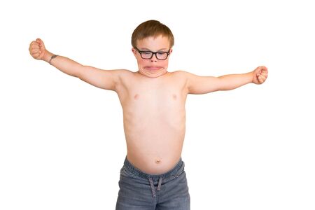 Young Boy With Downs Syndrome Flexing His Musclesの写真素材