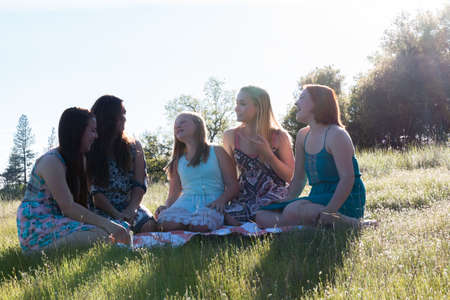 Group of Girls Sitting Together in Grassy Field With Sunlight Overheadの写真素材