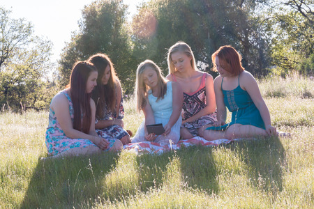 Group of Girls Sitting Together in Grassy Field With Sunlight Overheadの写真素材