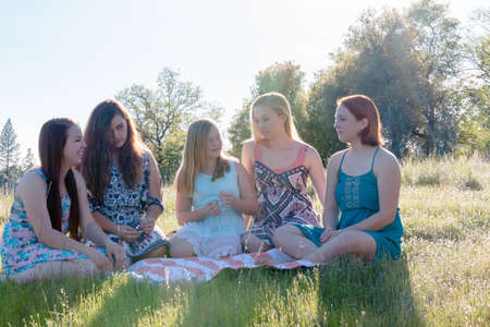 Group of Girls Sitting Together in Grassy Field With Sunlight Overheadの写真素材