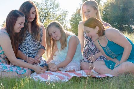 Group of Girls Sitting Together in Grassy Field With Sunlight Overheadの写真素材
