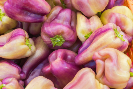 Purple and Yellow Bell Peppers in a Basketの写真素材