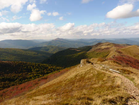 Beautiful mountain trail through autumn Bieszczady.の写真素材