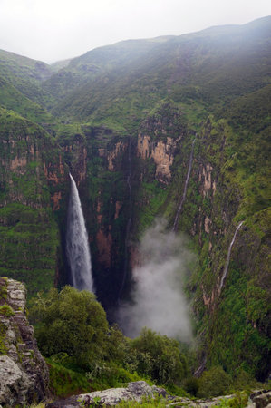 Waterfall in a remote valley in Simien Mountains National Park, Ethiopiaの写真素材