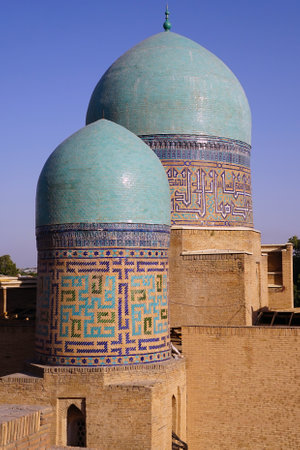 Turquoise domes at Shah-i-Zinda necropolis at Samarkand, Uzbekistanの写真素材