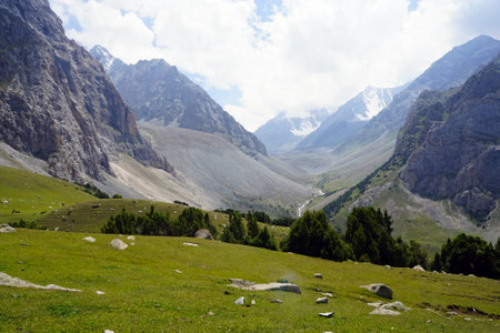 High mountains and glaciers in Kyrgyz-Ata National Park near Osh, Kyrgyzstanの写真素材