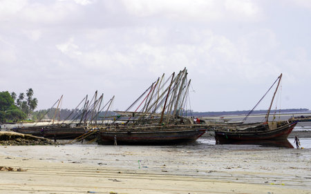 Fishing boats on the beach at low tide, Sri Lanka.
